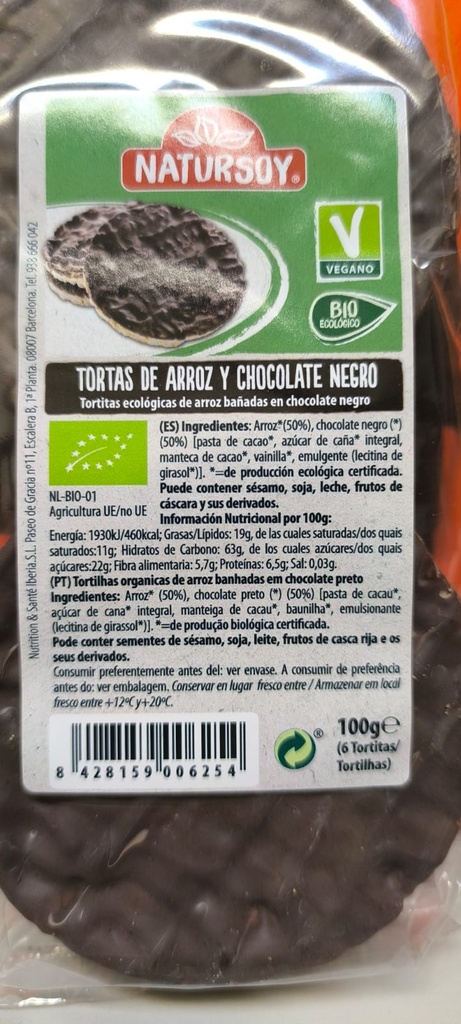 TORTITAS DE ARROZ CON CHOCOLATE NATURSOY  (100gr)
