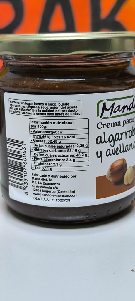 CREMA  ALGARROBA Y AVELLANA Mandolé (375 gr)