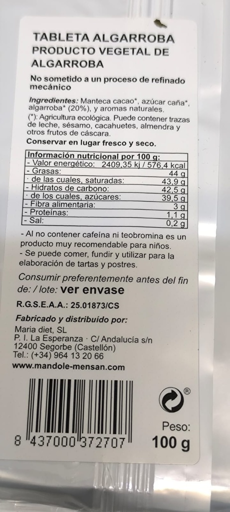 TABLETA CHOCO ALGARROBA (100 gr)