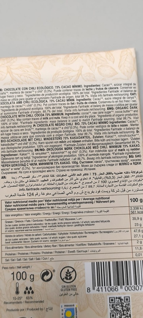 CHOCOLATE 73 % con CHILI (100gr)