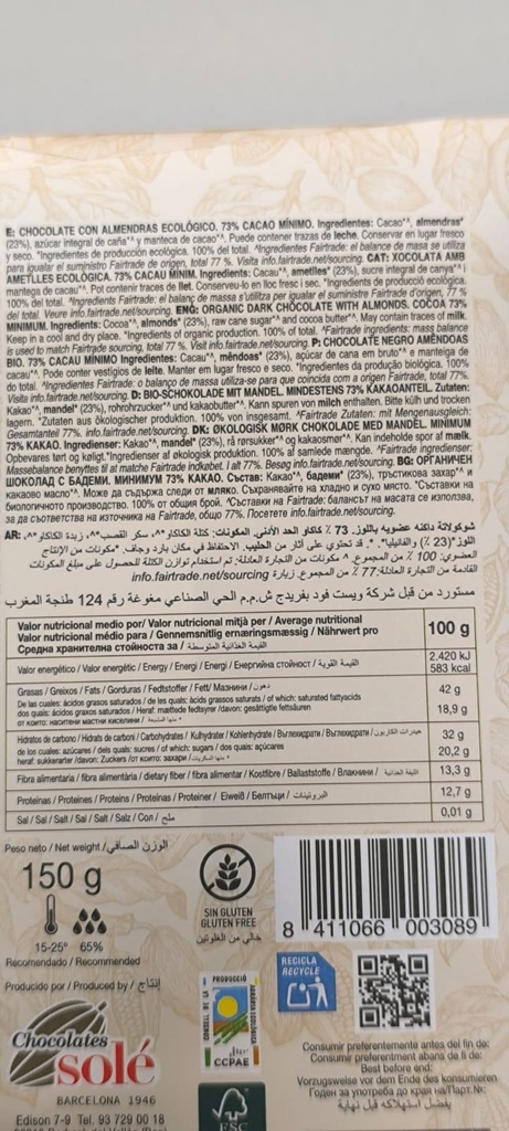 CHOCOLATE 73 % CON ALMENDRAS (150 gr)
