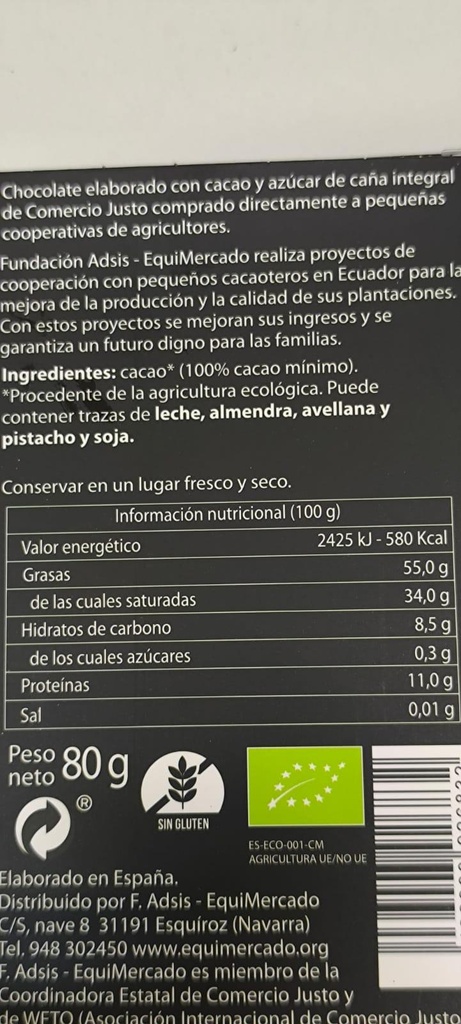 CHOCOLATE NEGRO 100%  EQUIMERCADO(80 gr)