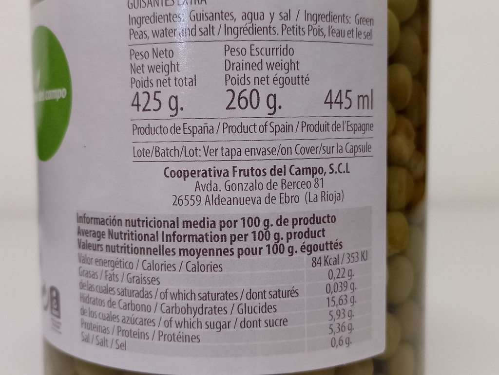 GUISANTES EN CONSERVA Frutos del campo (425 gr)