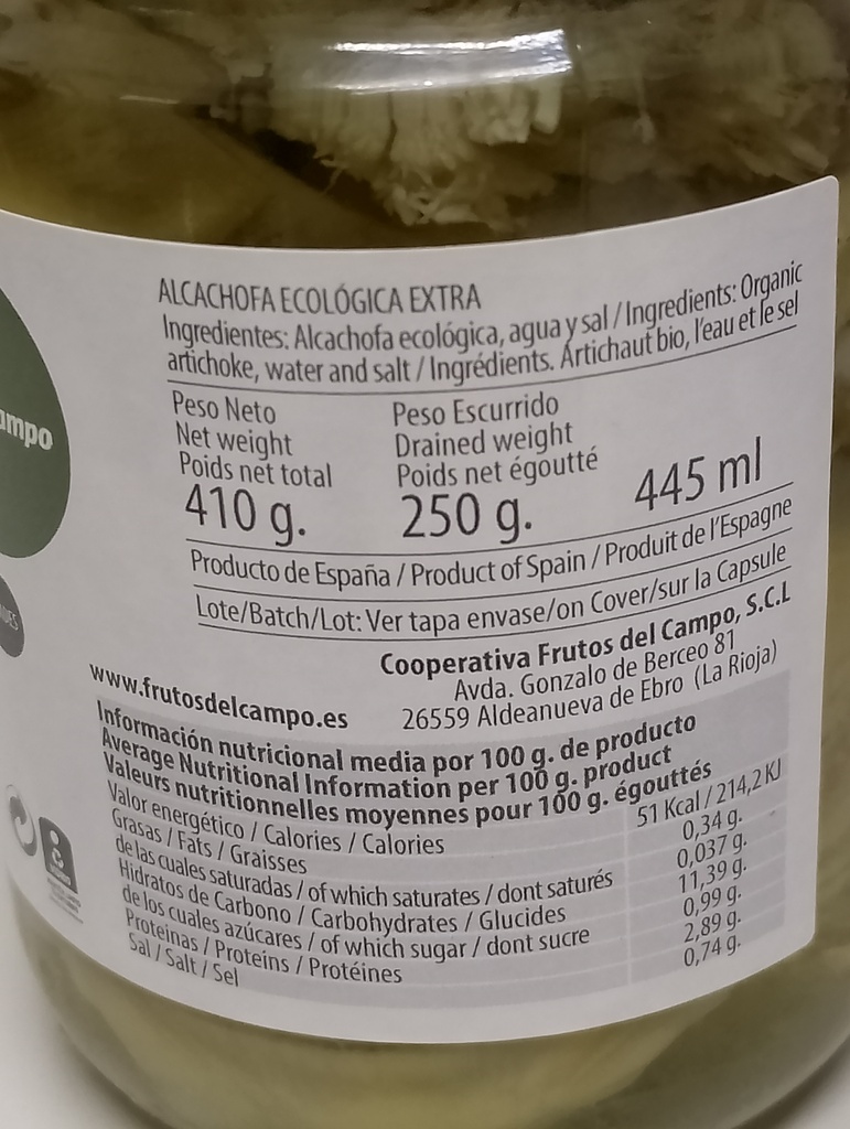 ALCACHOFA EN MITADES (410 gr) Frutos del campo