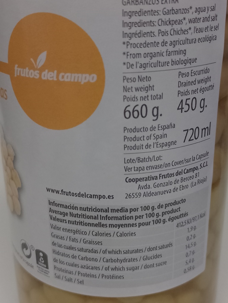 GARBANZO AL NATURAL Frutos del campo (660 gr)