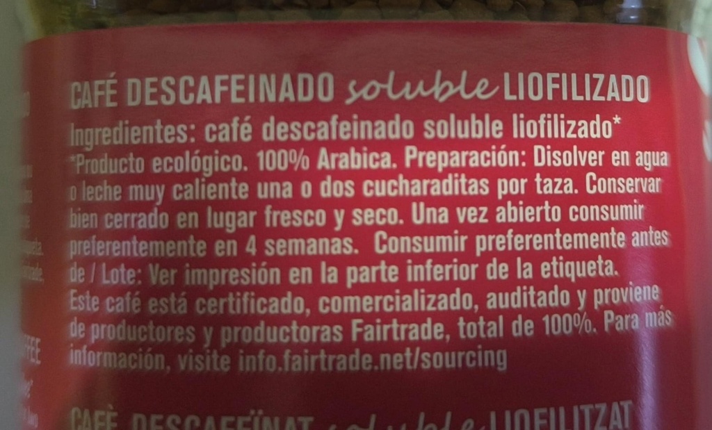 CAFE DESCAFEINADO LIOFILIZADO BIO-FT. (100 g.) Alternativa