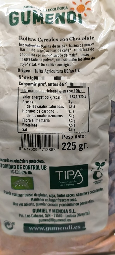 BOLITAS CEREALES CON CHOCOLATE (225 gr)