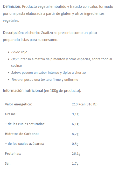 CHORIZO VEGETAL Zuaitzo (250 gr)