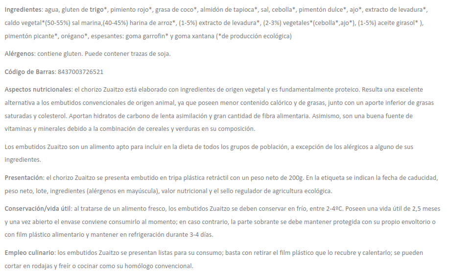 CHORIZO VEGETAL Zuaitzo (250 gr)