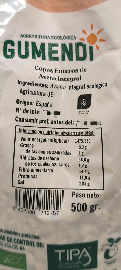 AVENA EN COPOS GRUESOS integrales (500 gr)