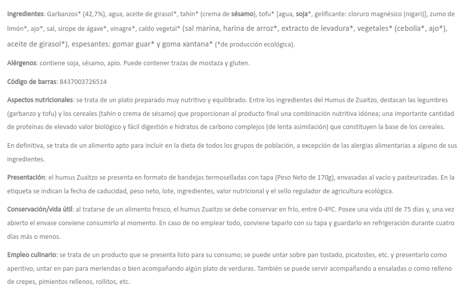 HUMUS AL NATURAL Zuaitzo (170 g)