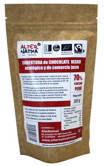 COBERTURA DE CHOCOLATE 70% CACAO Alternativa (225 gr)