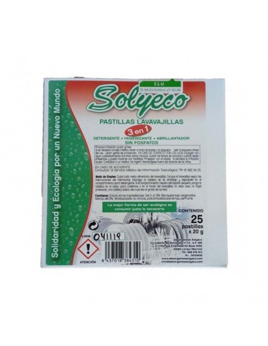 LAVAVAJILLAS EN PASTILLAS 3 EN 1 (DETERGENTE+HIGIENIZANTE+ABRILLANTADOR SIN FOSFATOS) Solyeco (500 gr, 25 tabletas)