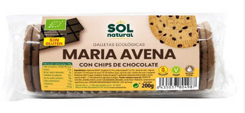 GALLETAS MARIA DE AVENA CON CHIPS SIN GLUTEN Sol Natural (200 g)